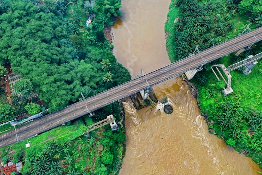 鸟瞰印度尼西亚辛当查亚铁路桥横跨郁郁葱葱的河流