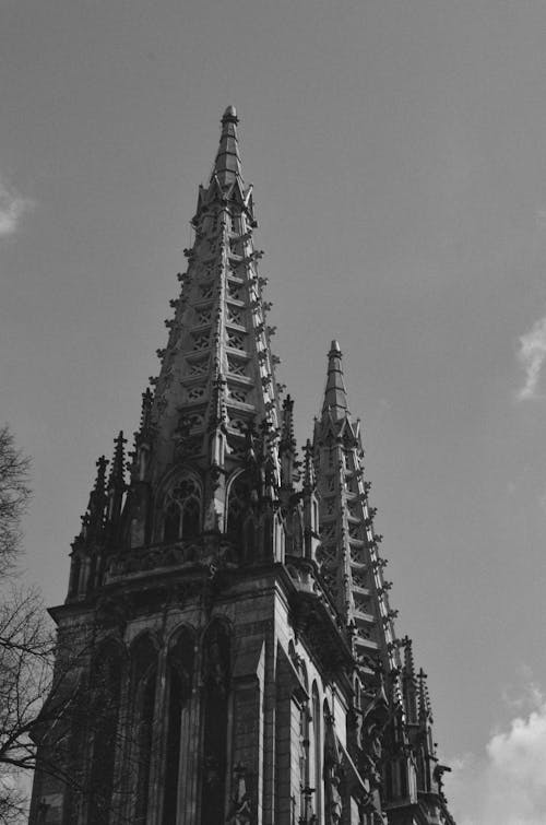 Black and White Photo of a Gothic Tower
