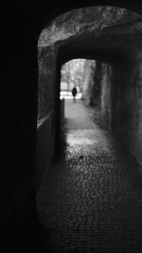 Black and White Photo of a Tunnel 