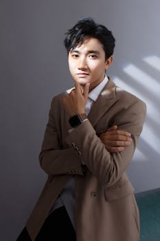 Confident young man in stylish blazer posing against a gray backdrop with natural light casting shadows.