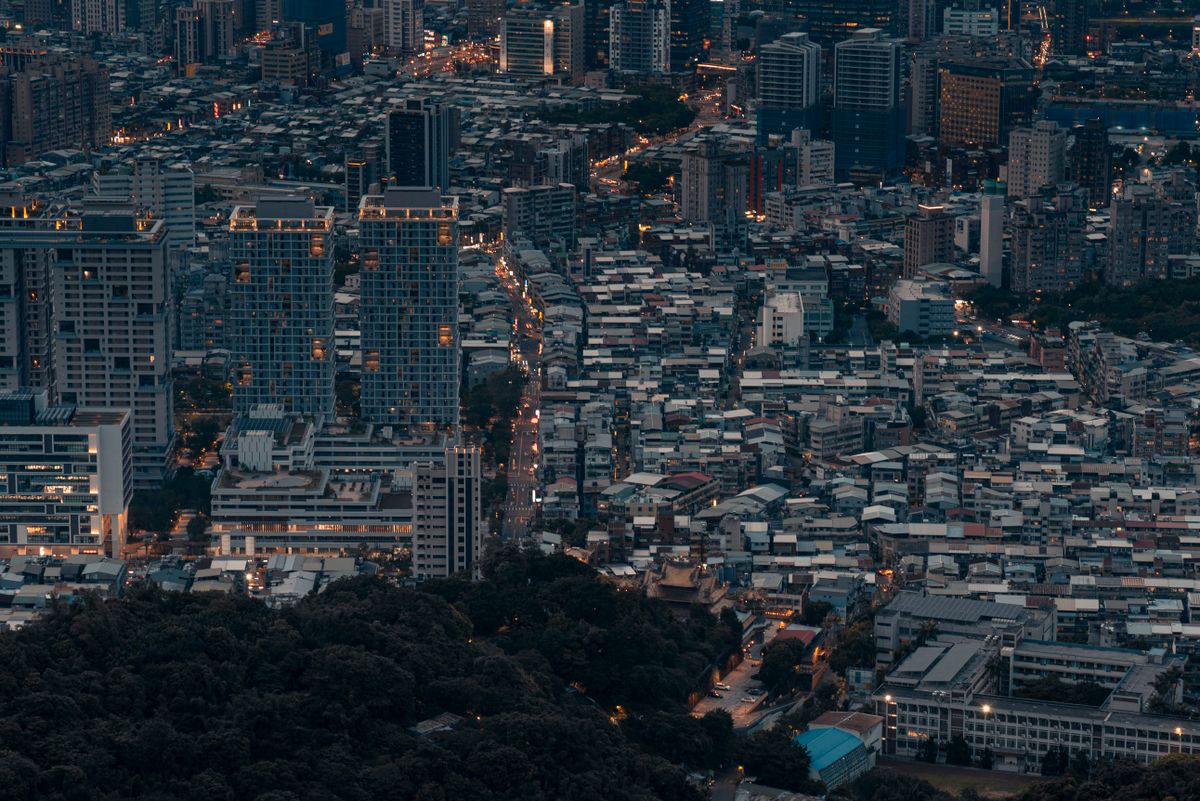 Aerial view of the Taipei city skyline at dusk