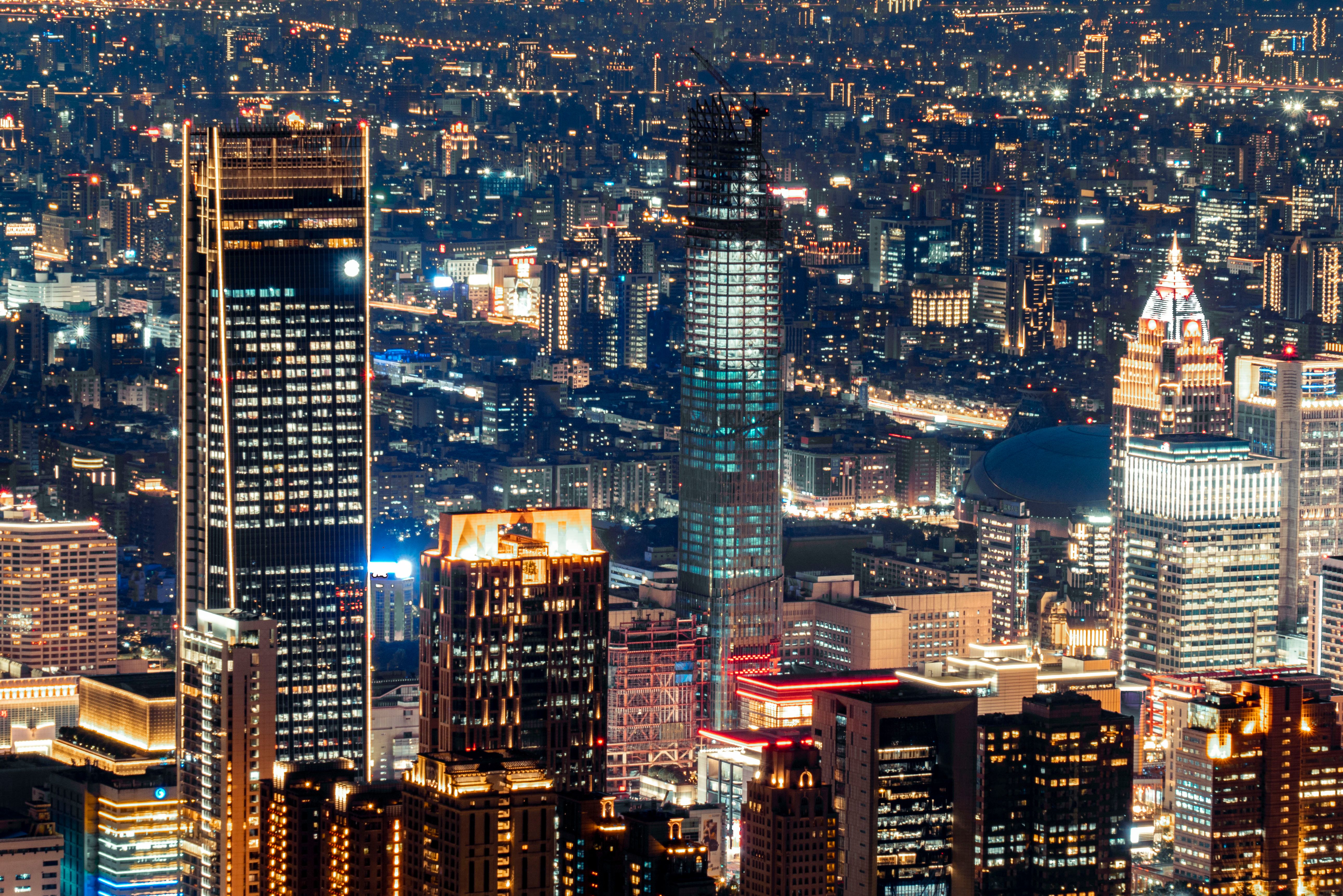 Dusk view of major financial district skyline
