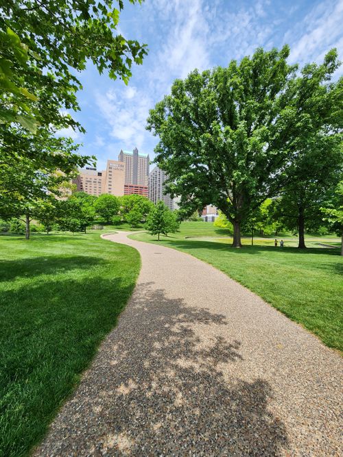 Free Peaceful park path surrounded by lush trees with a city skyline backdrop, perfect for urban nature lovers. Stock Photo
