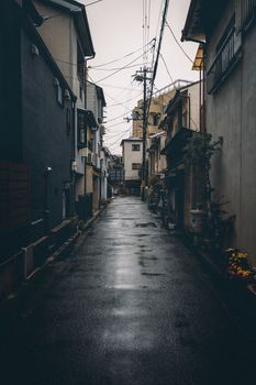 Explore a narrow, atmospheric alley in Kyoto, Japan with wet pavement and traditional architecture.