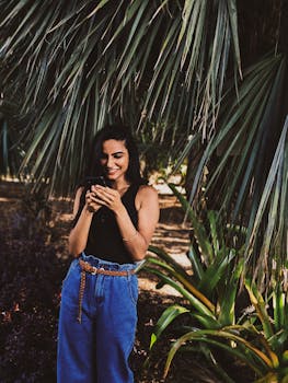 一个穿着牛仔裤的女人在户外棕榈树下微笑着使用智能手机