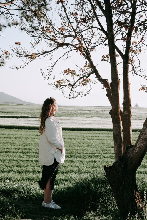 Free A woman standing by a tree in a serene rural field, embracing spring's tranquility. Stock Photo