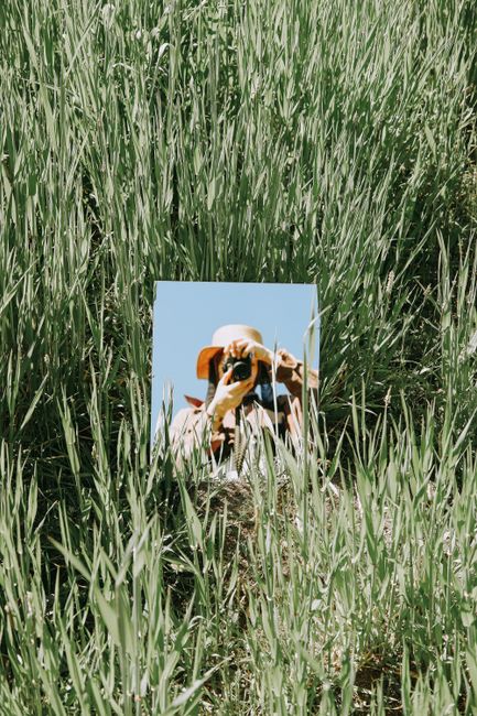 A woman with a camera is captured in a mirror amongst tall grass, reflecting summer vibes.