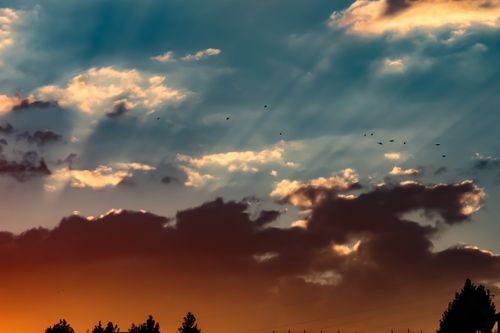 Free A stunning sunset scene with vibrant clouds and silhouettes, creating a dramatic sky. Stock Photo