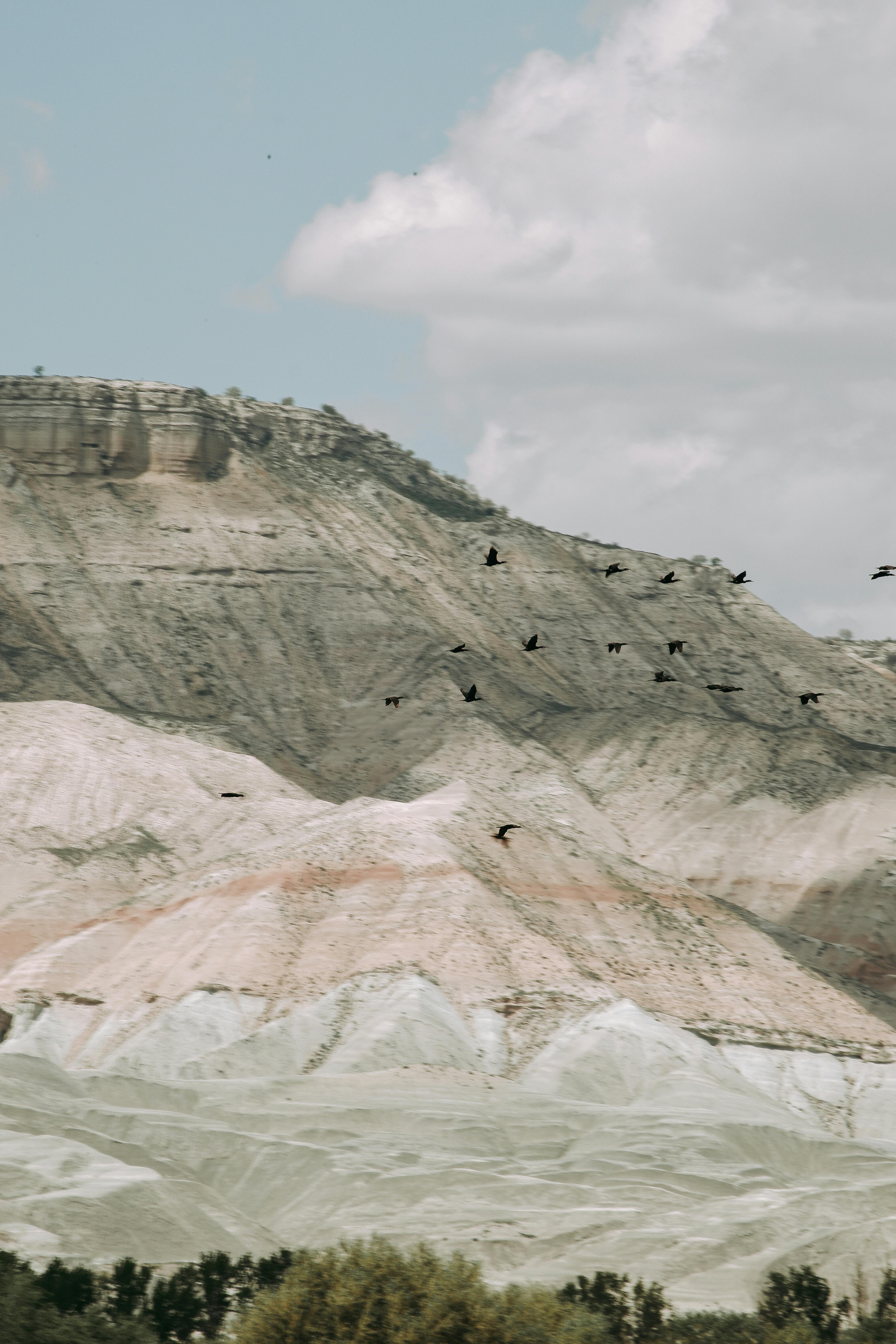 A breathtaking view of birds flying over arid, rugged mountains under a cloudy sky.