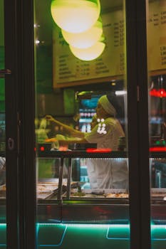 A café employee prepares food behind a glass counter, with menu reflections in the window.