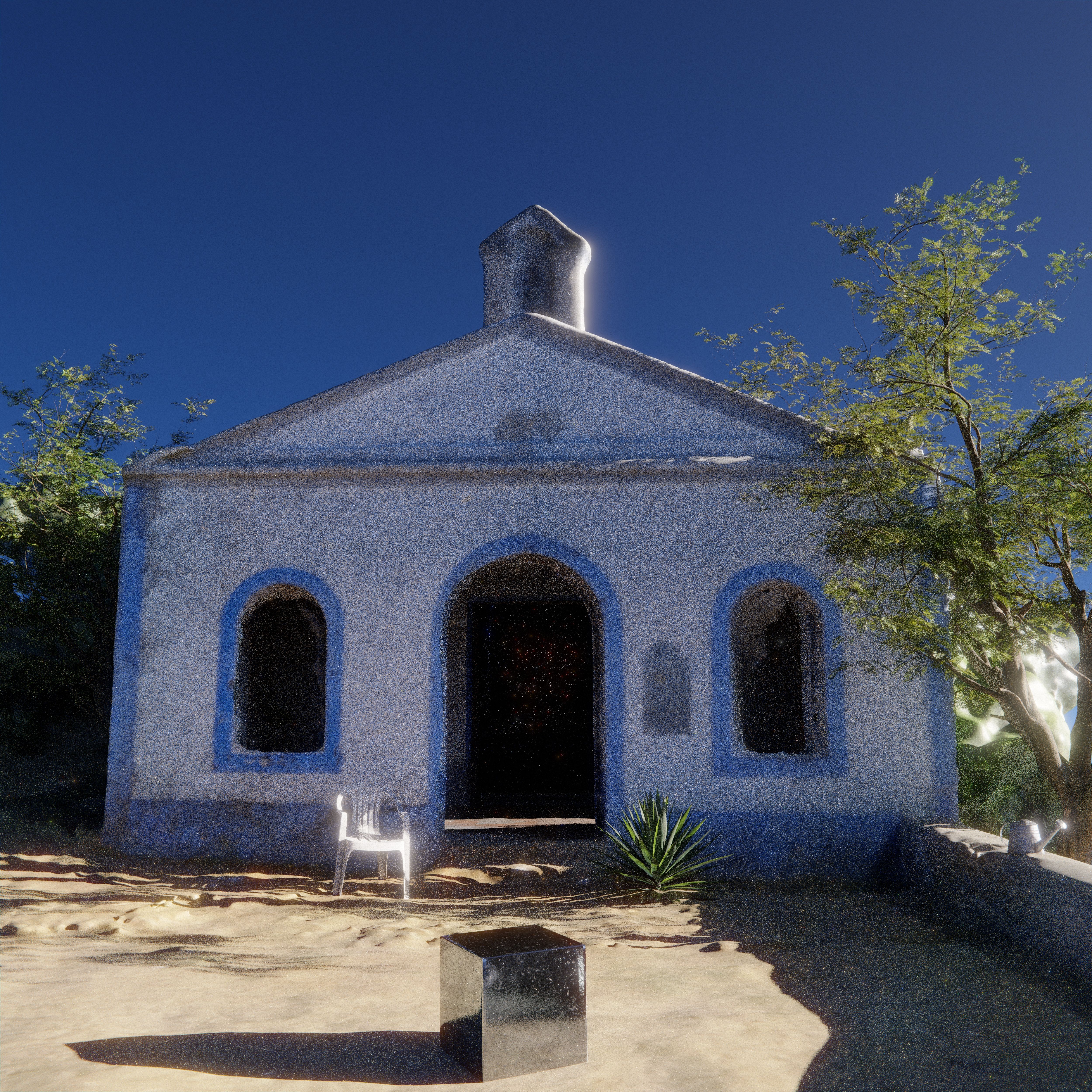A rustic stone chapel with blue accents stands under a vibrant blue sky, surrounded by trees.