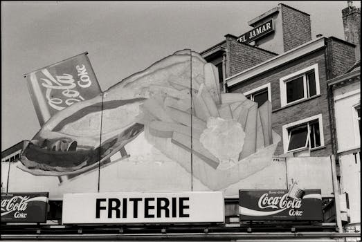 Black and white photo of a mural featuring fries at a friterie with Coca-Cola signage.
