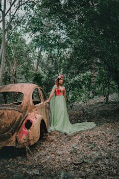 一名身穿飘逸绿色连衣裙的女子在郁郁葱葱的森林中，倚着一辆老爷车摆姿势