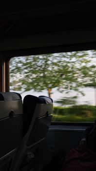 Interior of a train showing window view of passing greenery and seating.