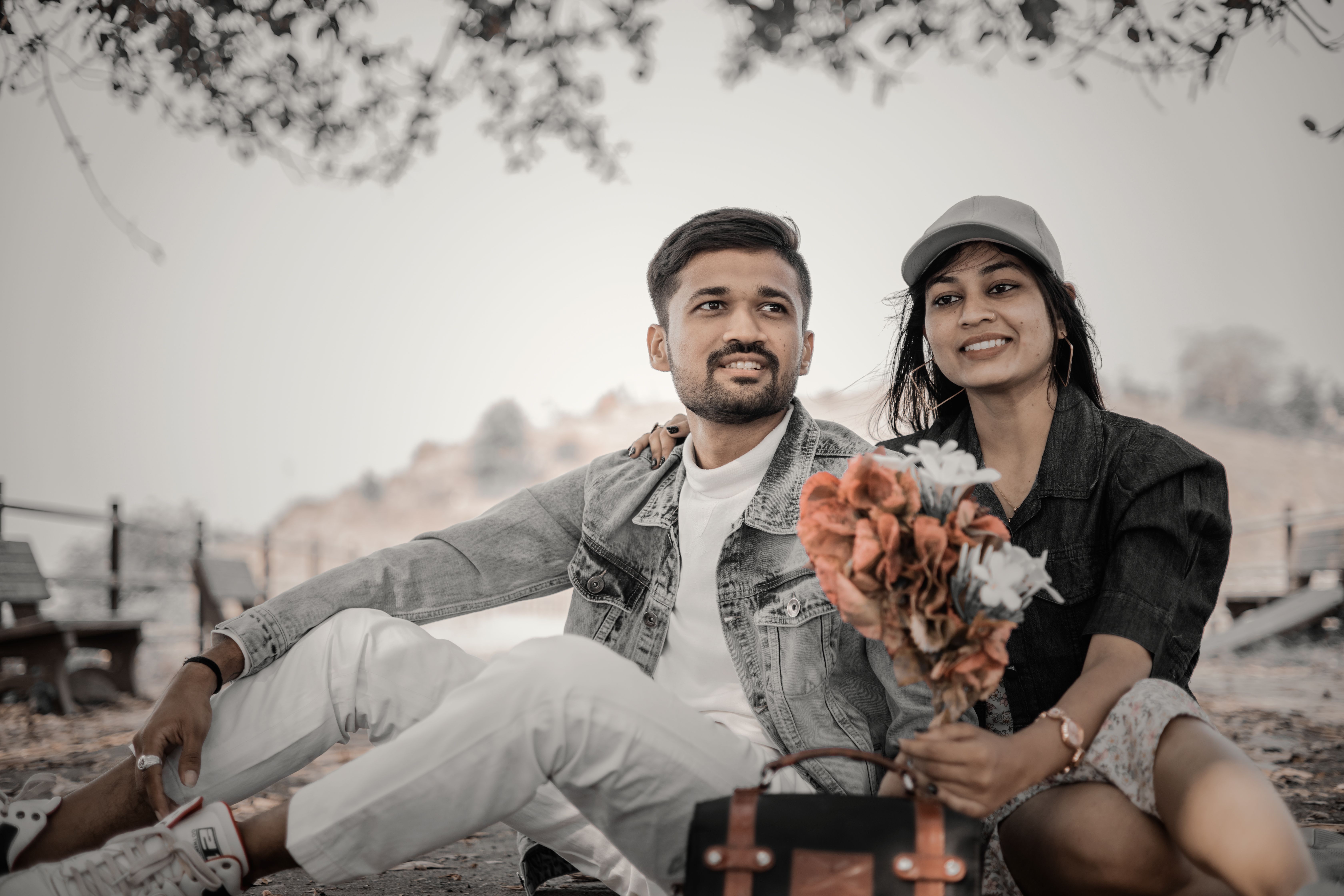 Washed Out Shot of a Young Romantic Couple in Denim Clothes on a Picnic ...