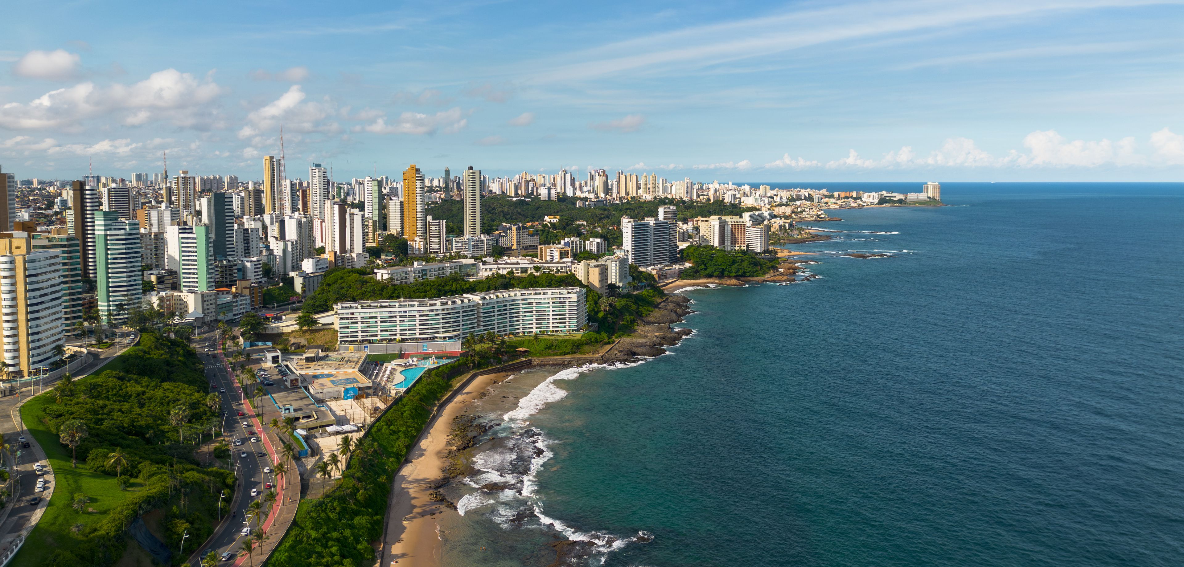 Stunning aerial view of Salvador's cityscape alongside the Atlantic coastline in Brazil.