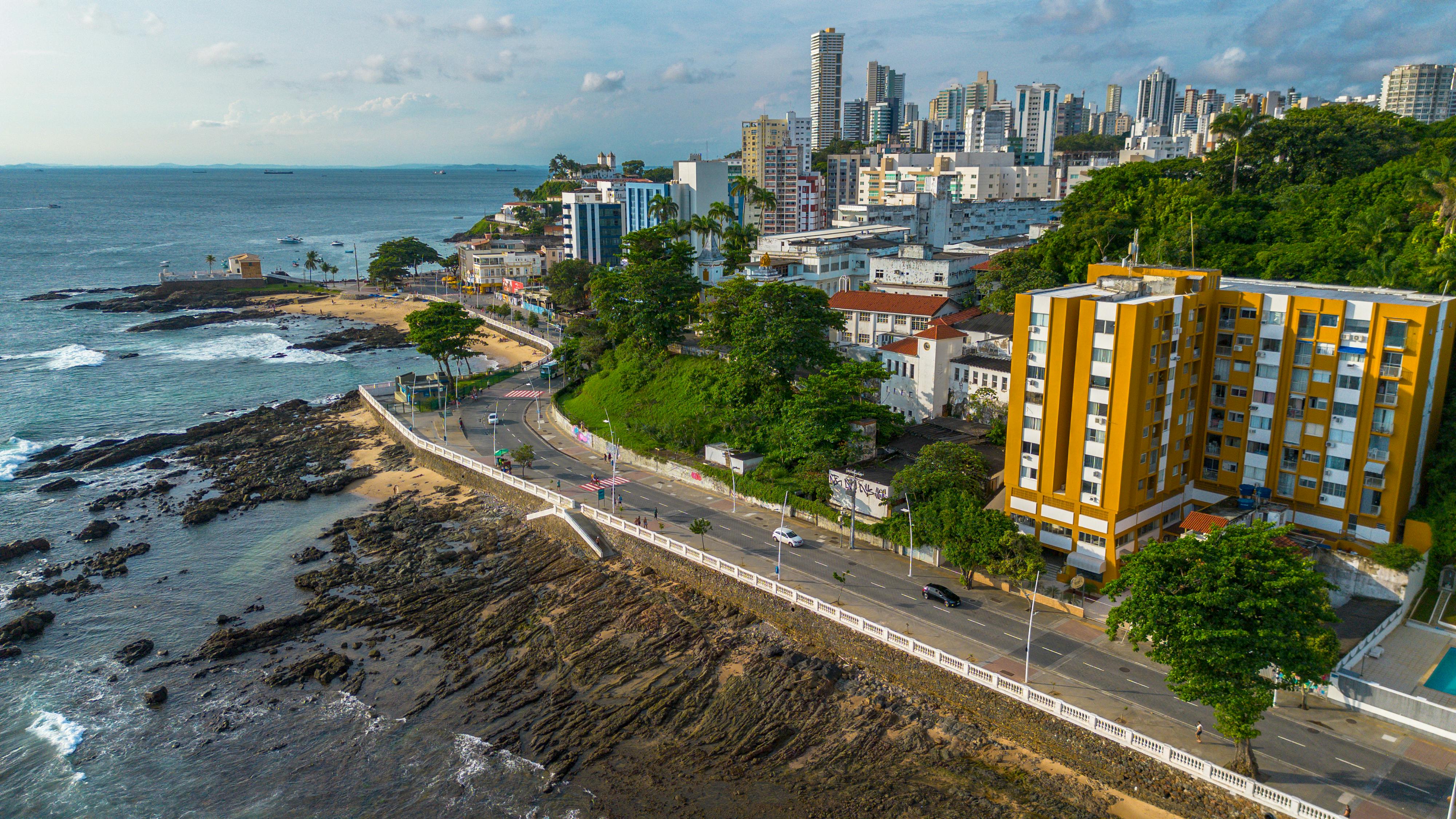 Aerial view of Salvador, Brazil, showing the historic Pelourinho district and the Bay of All Saints coastline.