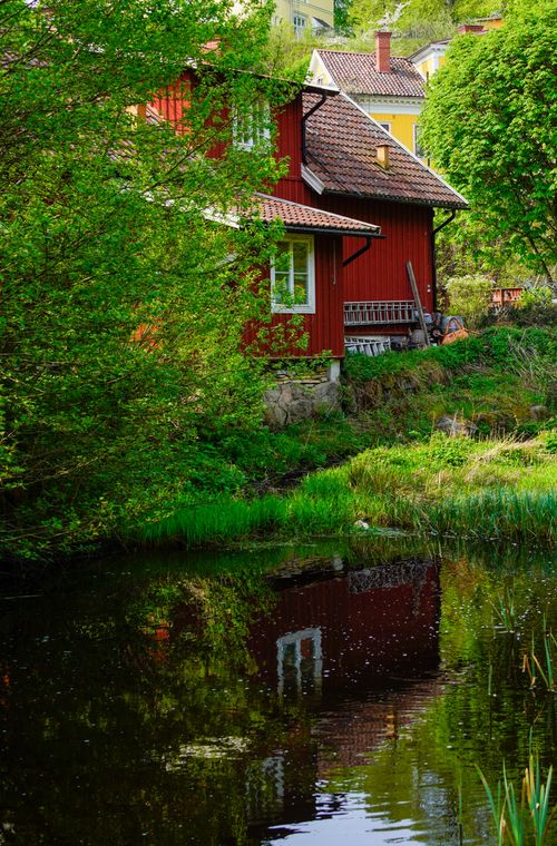 Free A picturesque red cottage nestled by a tranquil pond surrounded by lush greenery. Stock Photo
