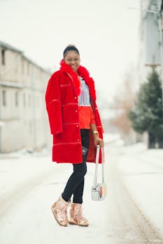 一位身穿鲜红色外套的时尚女士，走在白雪皑皑的街道上，展现了冬季的时尚