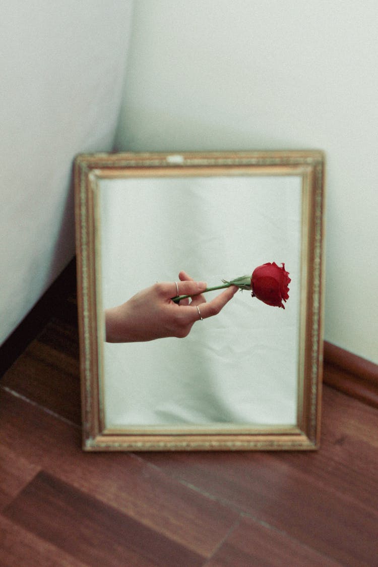 Mirror Reflecting A Hand Of A Woman Holding A Red Rose