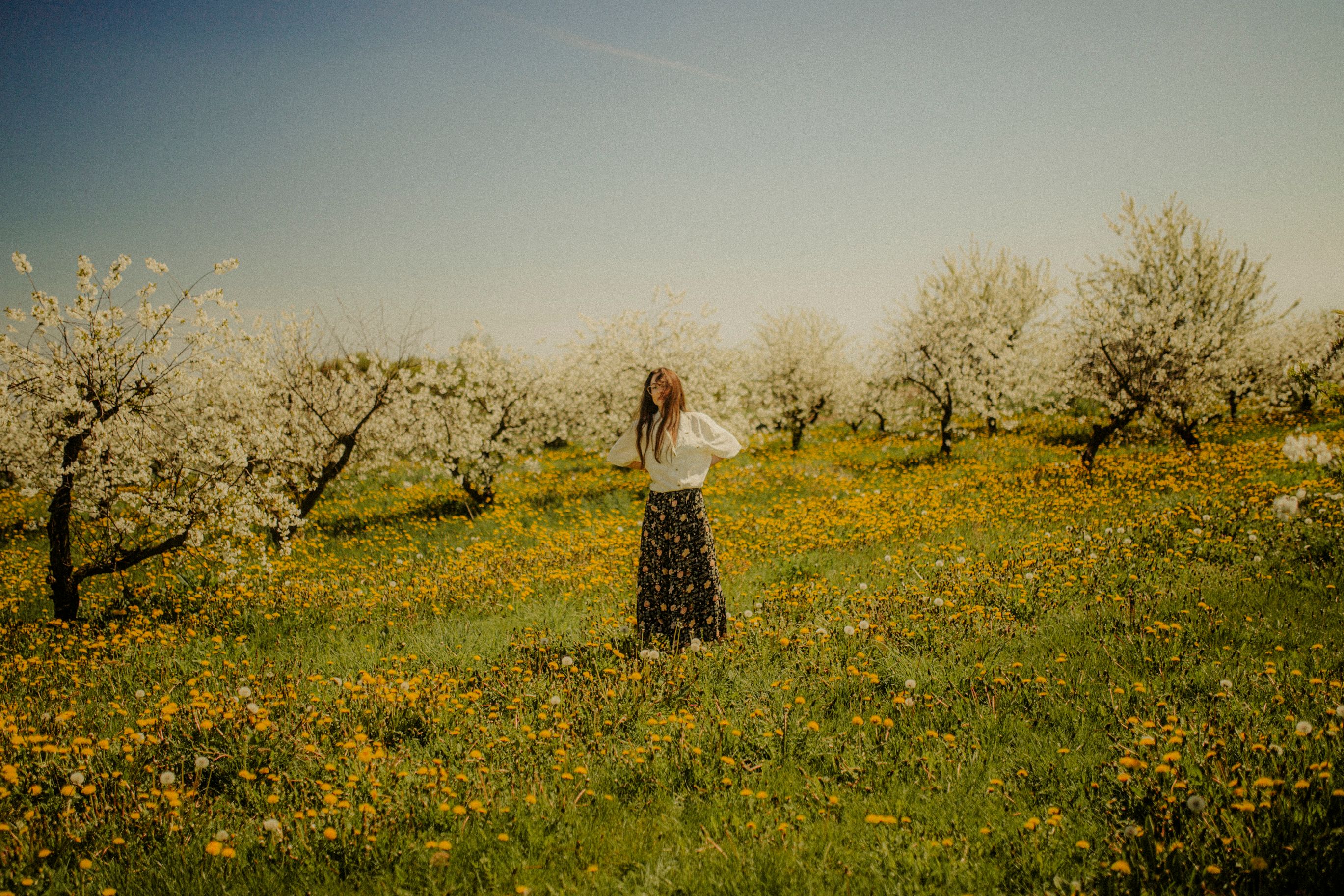 Woman Standing among Flowers and Trees in Spring · Free Stock Photo