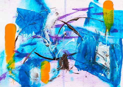 这幅抽象表现主义绘画色彩缤纷，笔触动感十足，色调鲜艳