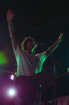 Musician in white t-shirt performing at a night concert with arms raised.