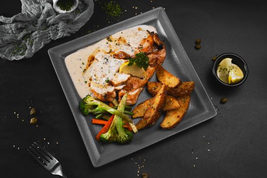 Delicious gourmet chicken dish served with creamy sauce, roasted potatoes, and vegetables.