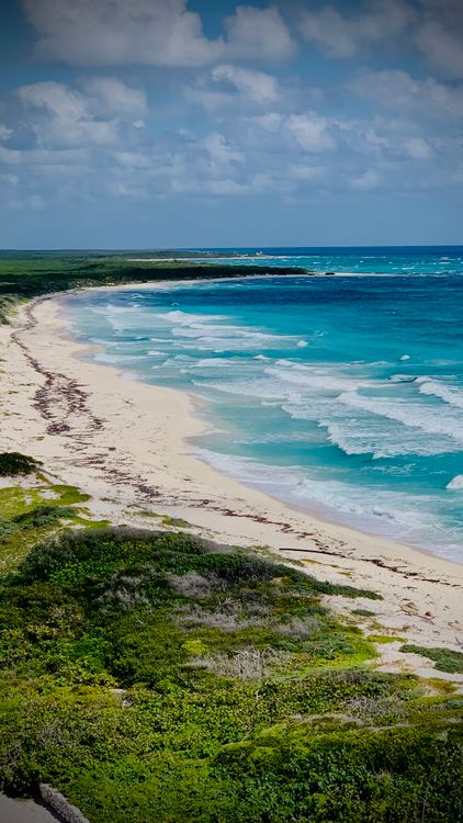 Vista aérea de playa tropical en Cozumel con mar turquesa y arena clara.