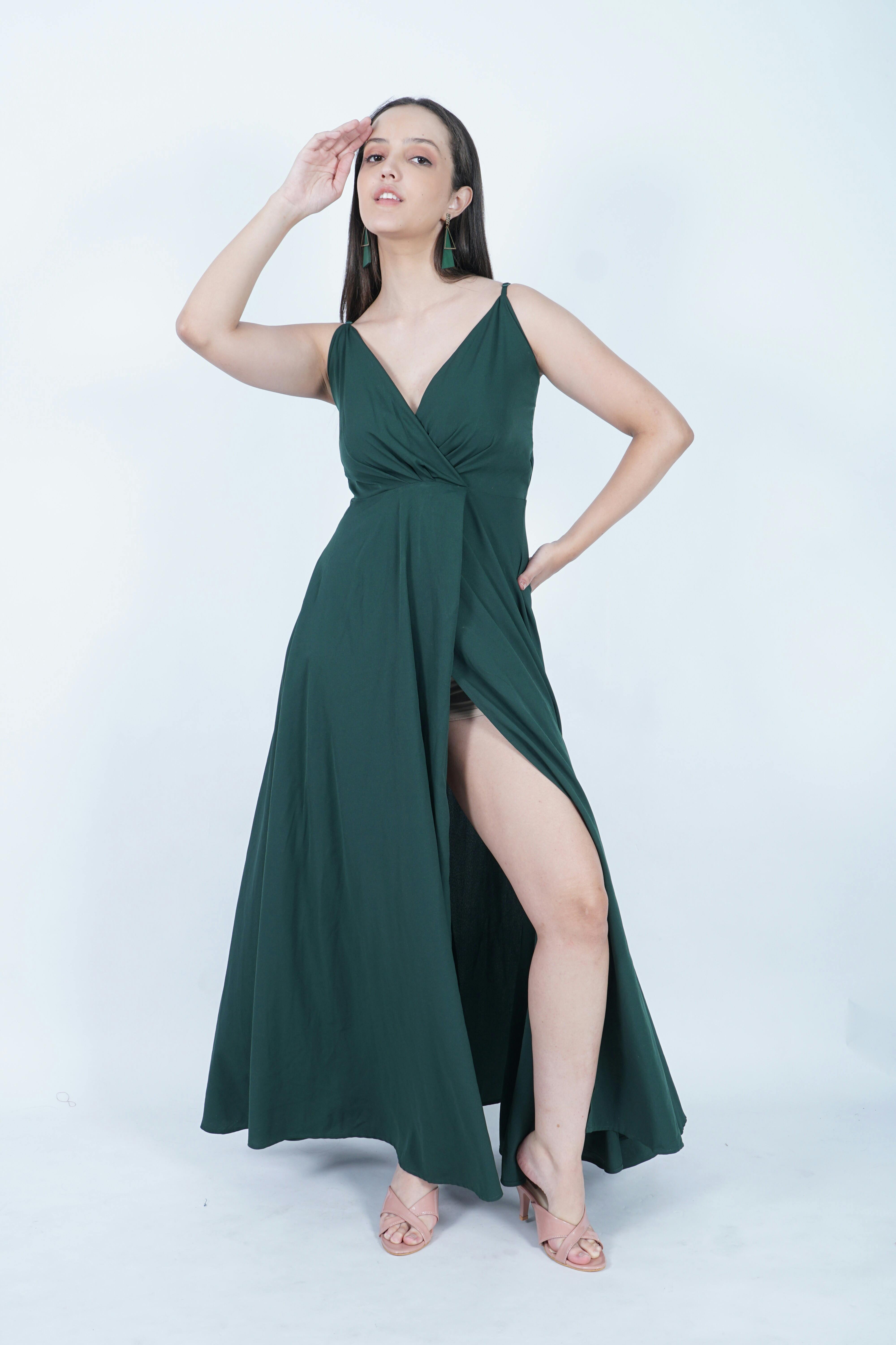 Mavin Emerald Green V Neck Low Back Gown