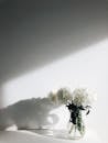 在极简主义的表面上，透明花瓶中的白花优雅地投下柔和的阴影