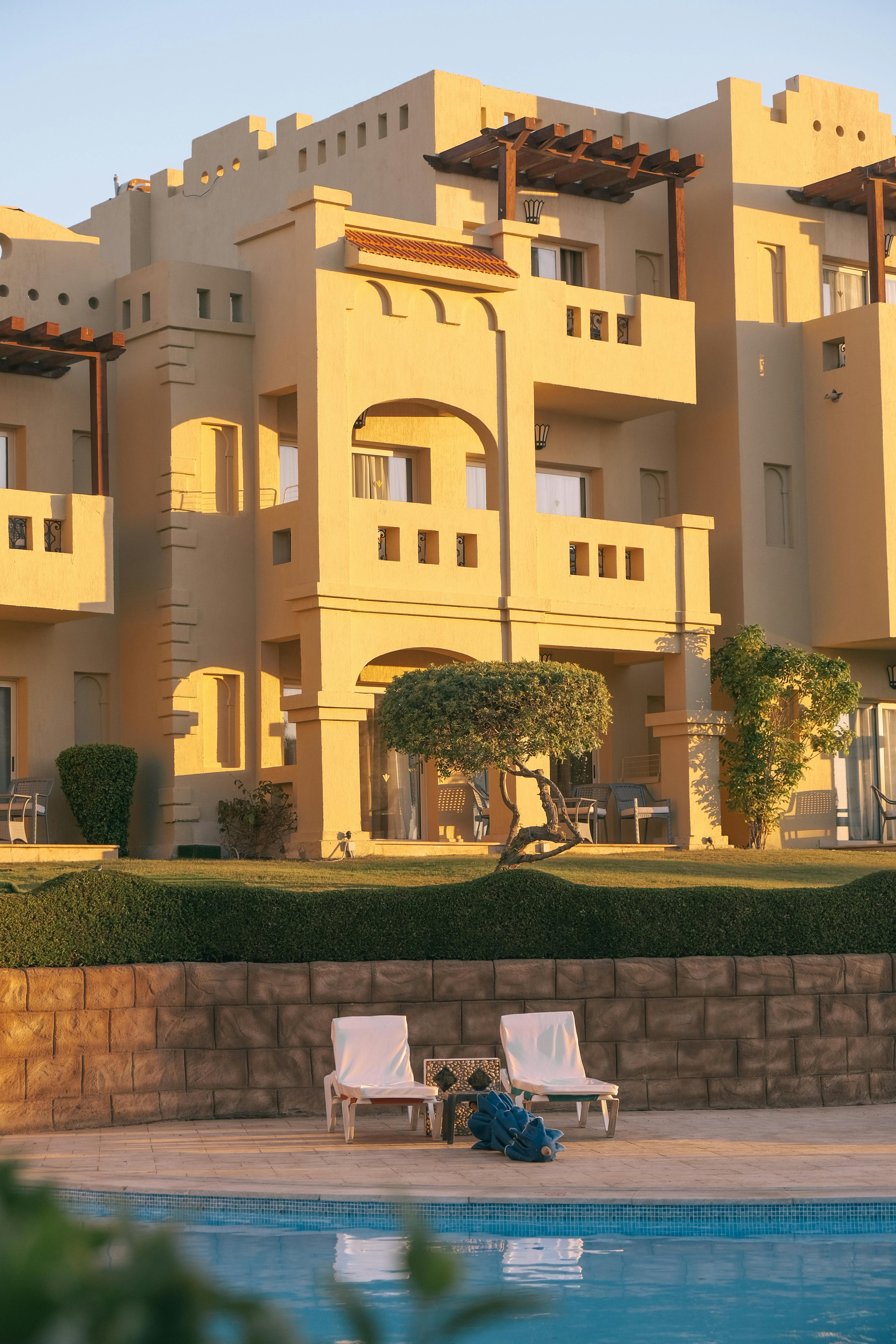 Luxury hotel building beside a pool