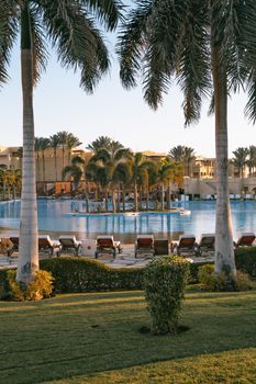 Luxurious tropical resort with palm trees, pool, and lounge chairs for relaxing summer vacations.