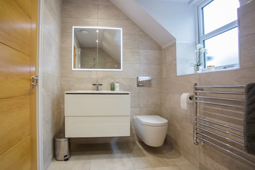 Stylish Colchester bathroom with wall-mounted toilet and illuminated mirror.