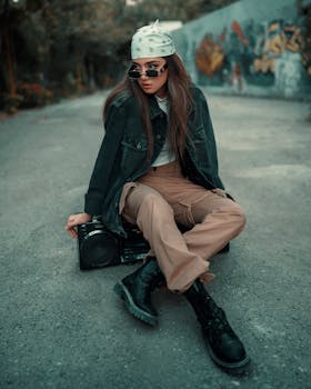 Trendy young woman posing in urban street fashion with bandana and boots against graffiti backdrop.