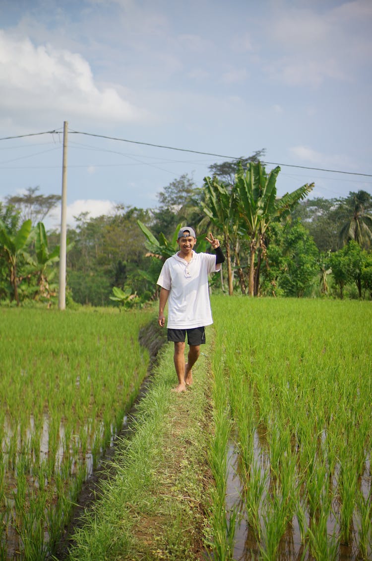 A Happy Young Man Walking Barefoot Through A Rice Field 