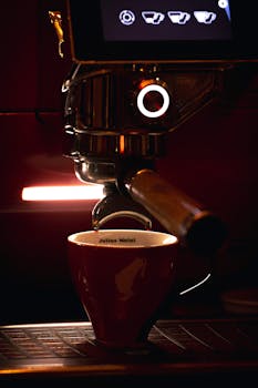 Artistic close-up shot of an espresso machine brewing coffee into a red mug, emphasizing a modern lifestyle.
