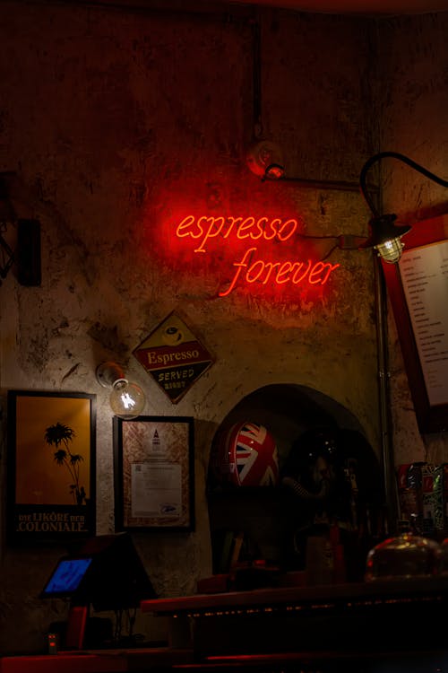 A Red Neon Sign in a Cafe