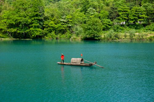 Free A lone person navigates a traditional canoe on a tranquil lake surrounded by lush green forest. Stock Photo