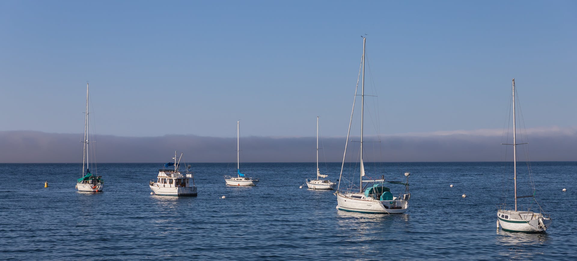 Tranquil view of sailboats and yacht anchored in calm open water under clear blue skies.