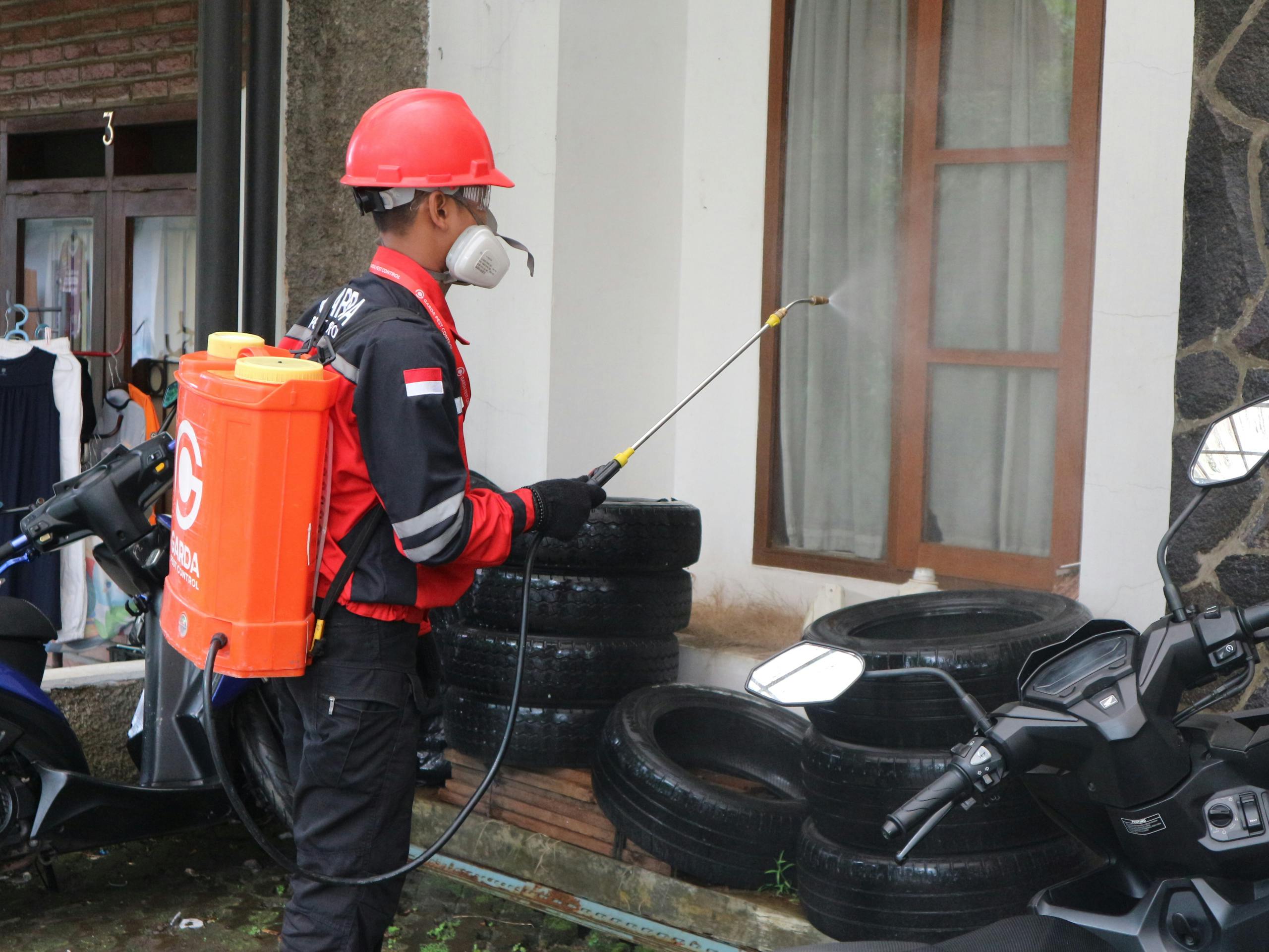 Free A worker in safety gear sprays disinfectant outside a building, ensuring cleanliness. Stock Photo
