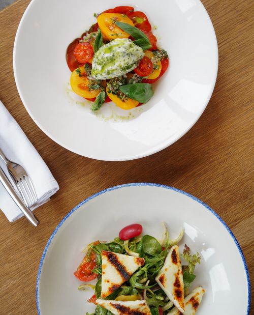 Free Top view of two vibrant vegetarian salads with grilled cheese on a wooden table. Stock Photo