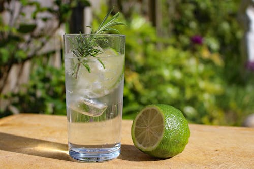 Glass of Cold Water with a Sprig of Rosemary and a Slice of Lime