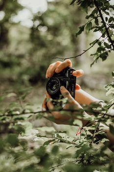 A close-up of hands holding a vintage camera among green leaves in a natural setting.