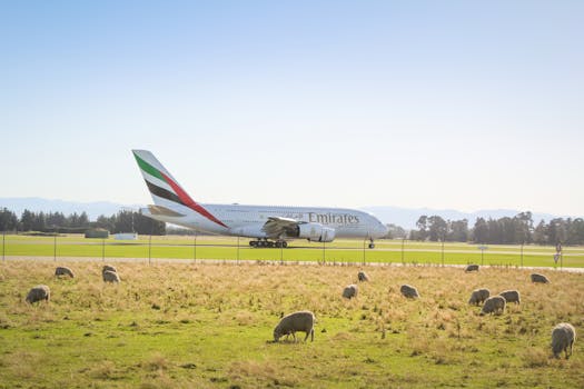 Emirates Airbus A380 landing on a sunny day in Christchurch, New Zealand with sheep and farmland in view.