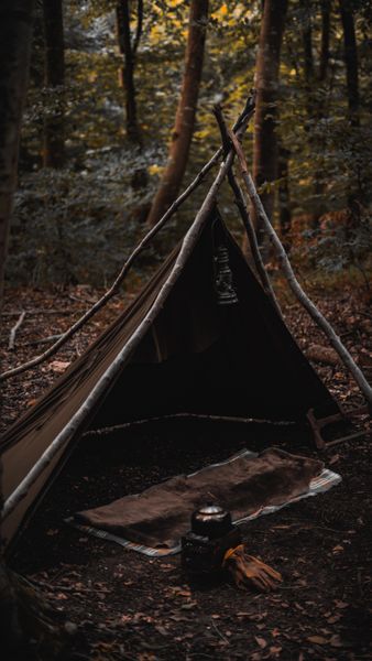 Wilderness survival camp with A-frame shelter and gear — emergency preparedness continues to surge in popularity