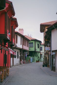 Explore a vibrant street lined with colorful traditional houses in a quaint town.