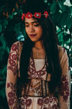 一位美丽的女子身穿花卉连衣裙，头戴红色发带，在郁郁葱葱的绿植间摆着姿势