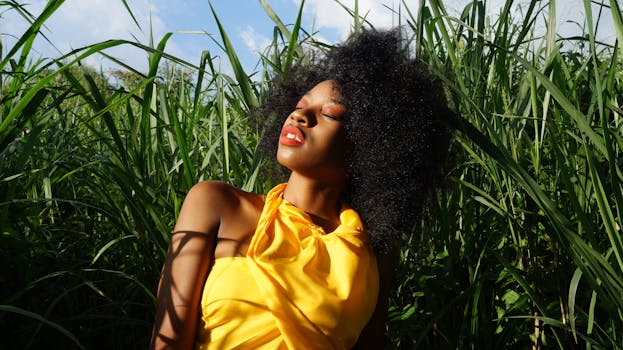 一位美丽的女子身穿黄色连衣裙，在郁郁葱葱的绿地上享受阳光