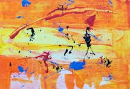 这幅色彩缤纷的抽象表现主义绘画，以动态的泼溅和大胆的色彩为特点